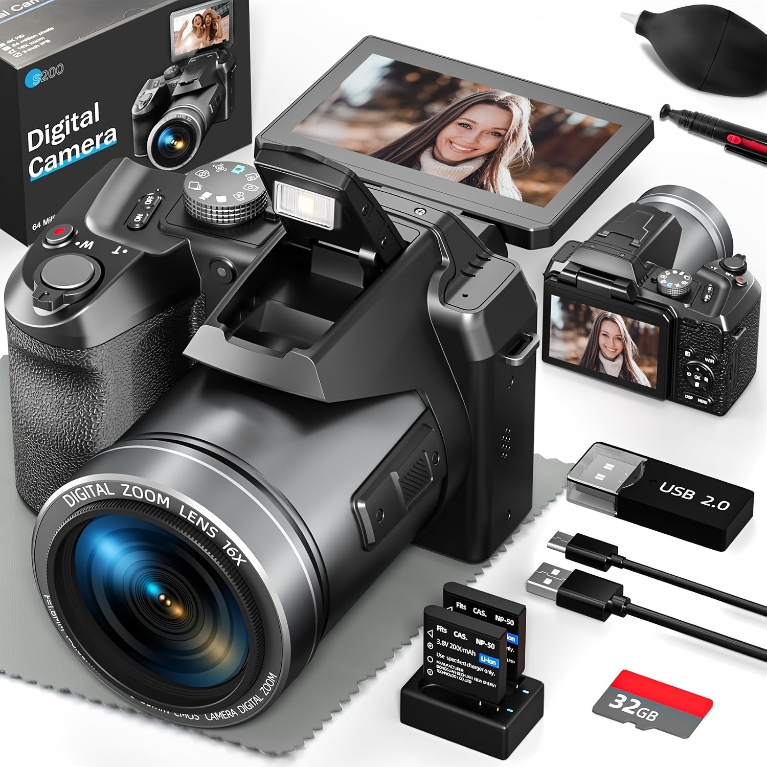 NBD 64MP Digital Camera for Photography, 5K Vlogging Camera for YouTube with 3" Flip Screen, 16X Digital Zoom, Autofocus, 2 Batteries, 32GB TF Card(S205, Black) - iBrightCS