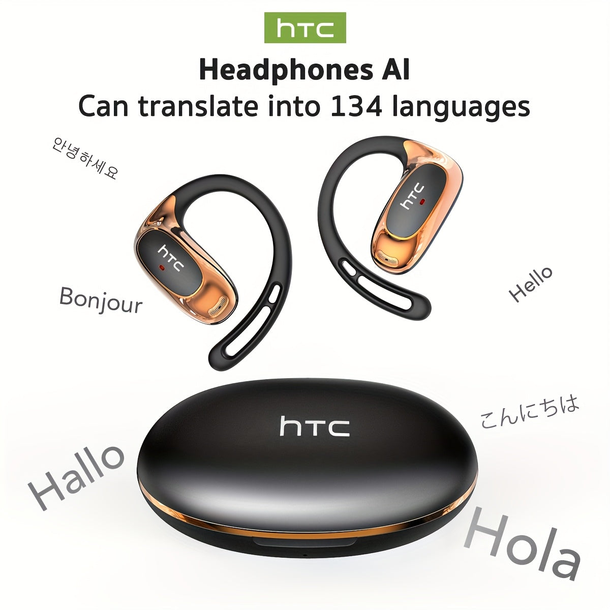 [AI Translation Earbuds] HTC NE35 AI Translation Earbuds | OWS Open-Ear Wireless Headphones, BT V6.0, Noise Reduction, 6.5H Battery, Big Speaker
