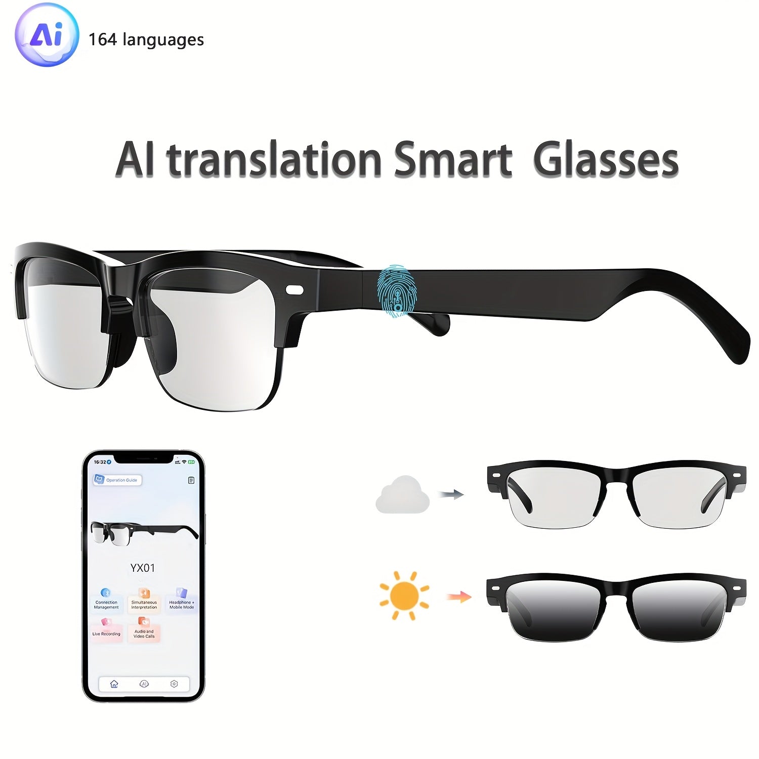 AI Smart Glasses, Supports Real-Time Translation in 160 Languages, Hvesbsfsy New Multifunctional Audio Glasses with Built-in Microphone and Speaker, HD Voice Calls and HIFI Music Quality, Music Playback and Hands-Free Calling