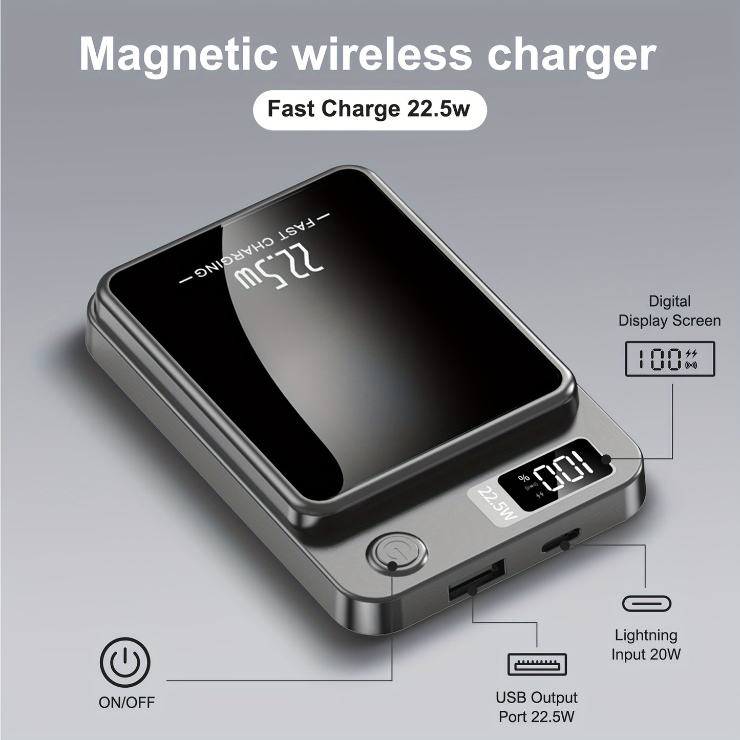 WLPower Portable Charger, 5000mAh/10000mAh High-Speed Magnetic Wireless Power Bank, Mini Battery Pack, 22.5W Fast Charging, LED Power Display, And USB/Type-C Ports For IPhone 16/15 Pro/14 Max/13/12, For Android Phones, Valent