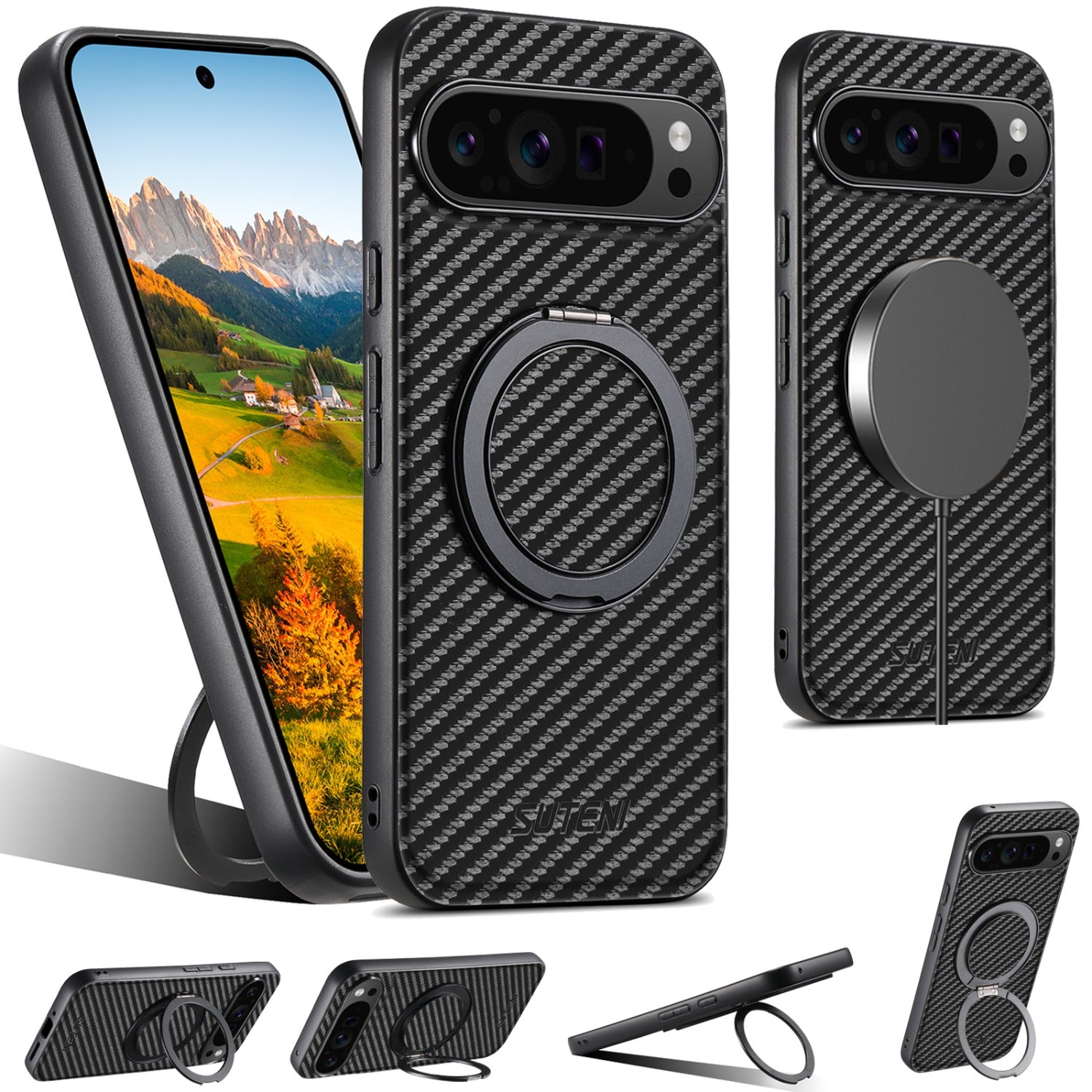 Luxurious Carbon Fiber Texture Design Faux Leather Phone Case, Suitable for Google Pixel 10 9 8 7 6 Pro XL, with 360 ° Rotating Folding Stand Compatible with Pixel 6A/7A/8a, Provides Shockproof and Drop-proof Protective Back