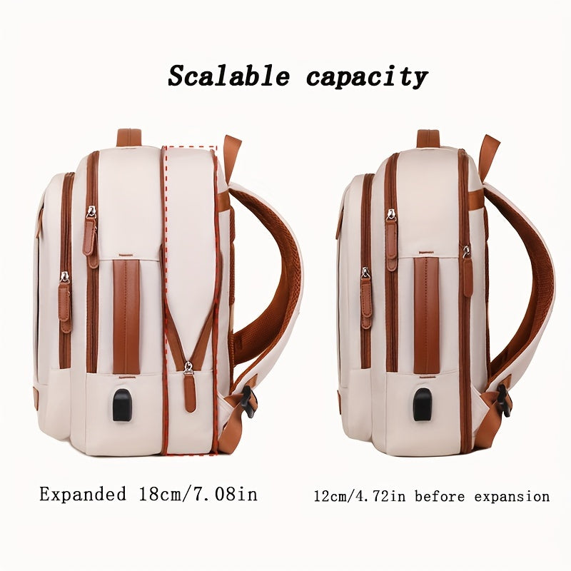 [Lightweight Backpack] Lightweight Expandable Large Capacity Backpack with Laptop Sleeve | Durable Oxford Travel & School Bag with Wet/Dry Compartment, Adjustable Straps, and Handheld Design - Beige with Brown Accents, School