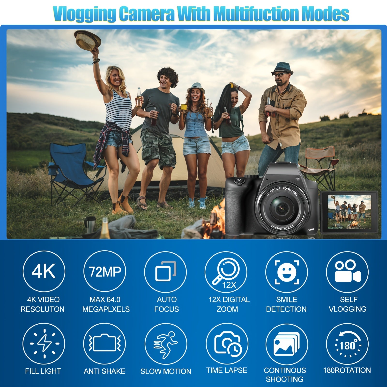 4K Digital Camera For Photography - 12X Optical Zoom 72MP Vlogging Camera For YouTube With 3" 180° Flip Screen, Autofocus Compact Camera With Battery, 64GB SD Card, USB Card Reader & Charging Stand - iBrightCS