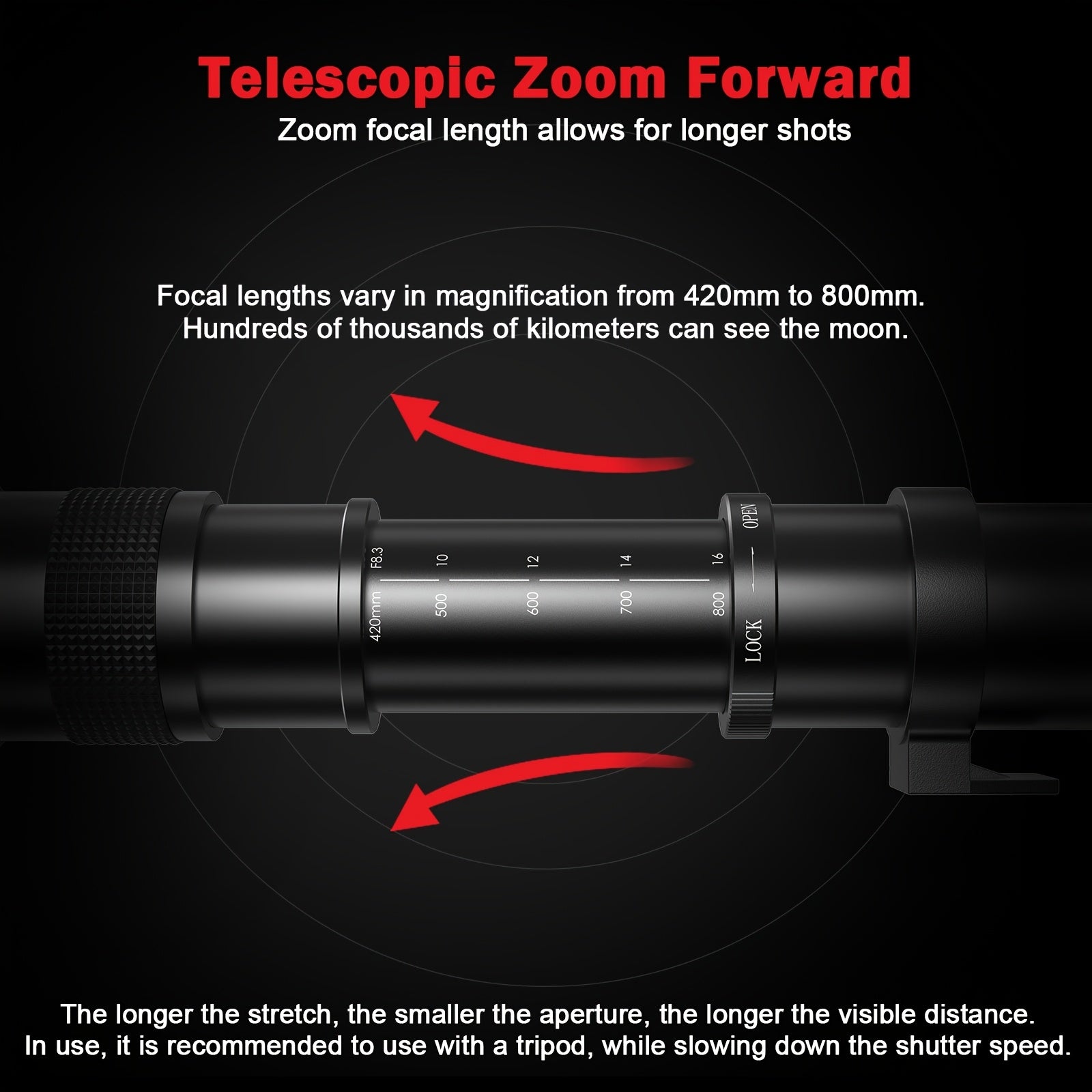 Lightdow 420-800mm f/8.3 Manual Zoom Super Telephoto Lens + T-Mount for Canon Nikon Sony Cameras
