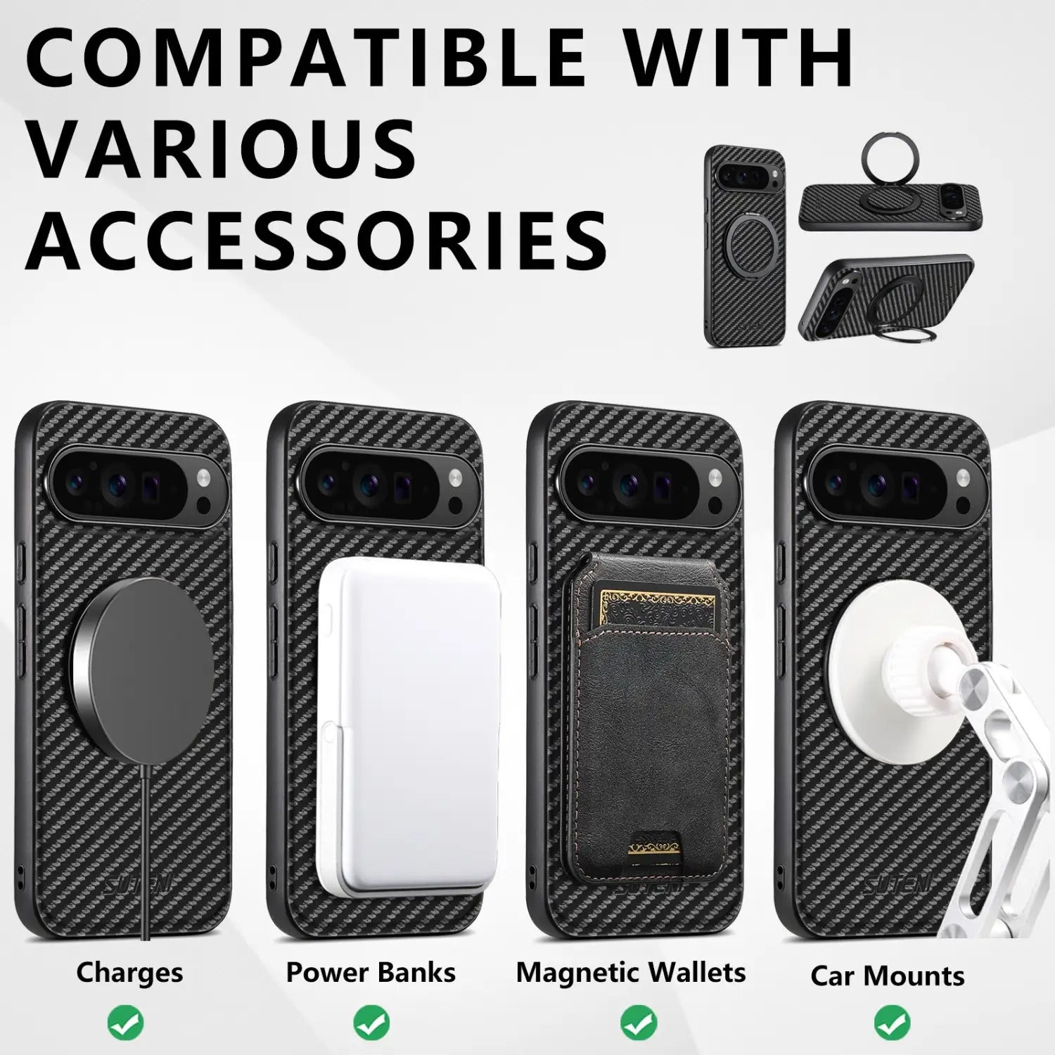Luxurious Carbon Fiber Texture Design Faux Leather Phone Case, Suitable for Google Pixel 10 9 8 7 6 Pro XL, with 360 ° Rotating Folding Stand Compatible with Pixel 6A/7A/8a, Provides Shockproof and Drop-proof Protective Back
