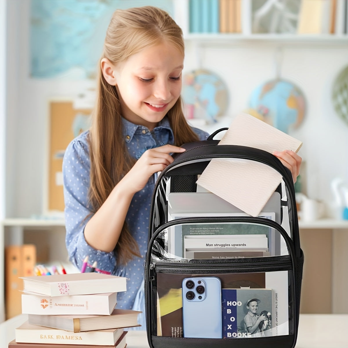 Heavy-Duty Transparent Backpack - Clear School Bag with Reinforced Straps, Lightweight PVC Backpack for College, Travel, Work - Zipper Closure, Adjustable Shoulder Straps - Compatible with Laptop, Books, Water Bottle - Ideal - iBrightCS
