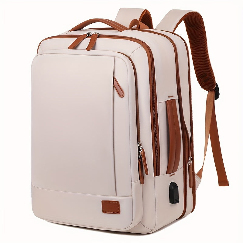 [Lightweight Backpack] Lightweight Expandable Large Capacity Backpack with Laptop Sleeve | Durable Oxford Travel & School Bag with Wet/Dry Compartment, Adjustable Straps, and Handheld Design - Beige with Brown Accents, School
