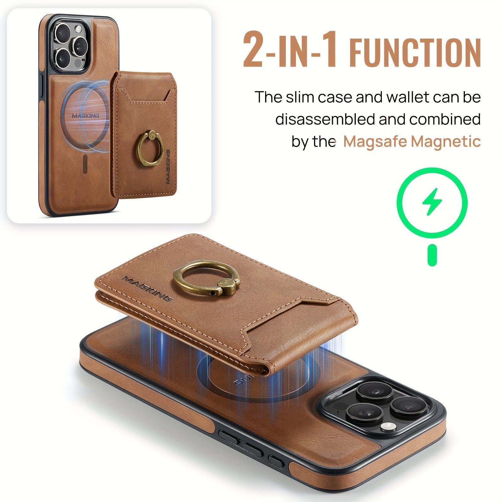 [1pc 2-In-1Phone Case] Detachable Phone Case Compatible with Wireless Charging Magnetic Card Slots Holder Wallet Kickstand Cover for iPhone 16/15/14/13/12 Pro Max Plus with RFID Blocking And Flexible Ring Camera Protective Ca - iBrightCS
