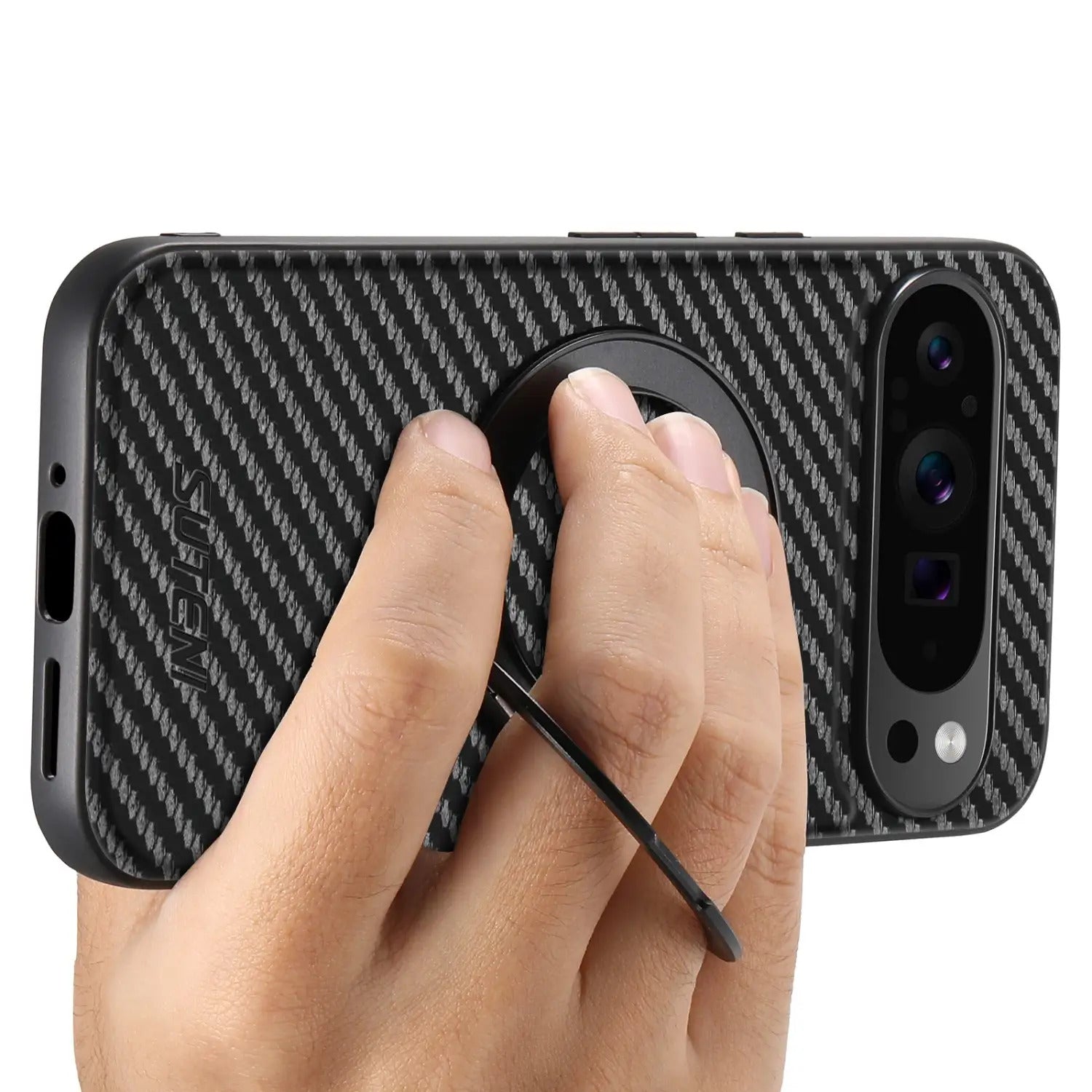 Luxurious Carbon Fiber Texture Design Faux Leather Phone Case, Suitable for Google Pixel 10 9 8 7 6 Pro XL, with 360 ° Rotating Folding Stand Compatible with Pixel 6A/7A/8a, Provides Shockproof and Drop-proof Protective Back