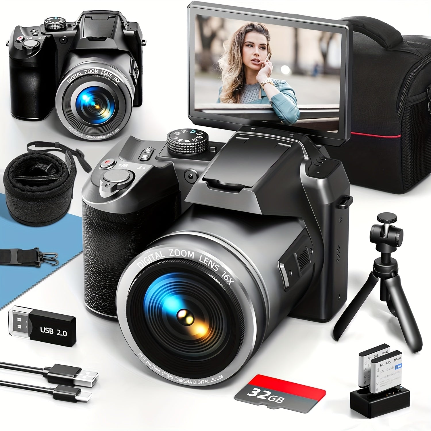 NBD 64MP Digital Camera For Photography, 4K Vlogging Camera With 3' Flip Screen, 16X Digital Zoom, WiFi& Autofocus, Cameras Tripod, 2 Batteries, 32GB TF Card (S200 US Black)