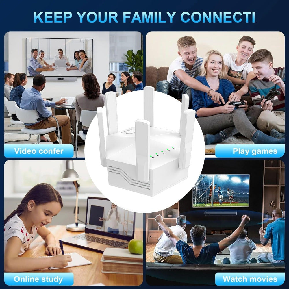 WiFi Extender Booster Repeater for Home & Outdoor, WiFi Range Extender 1200Mbps, WPS Wireless Signal Strong Penetrability with Ethernet Port, 6 Antennas 360° Full Coverage - iBrightCS