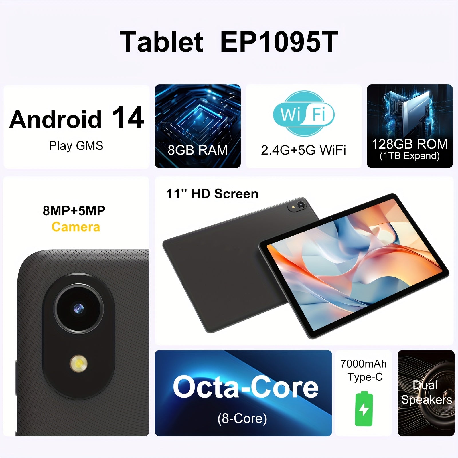 11-inch Business Tablet with Case | Android 14 | 8GB+4GB RAM & 128GB eMMC Storage | Octa-Core Processor | 7000mAh Battery, Dual Cameras, WiFi 6 | LCD Display, Stereo Speakers, USB-C | Perfect for Work, Study & Multimedia, Ver