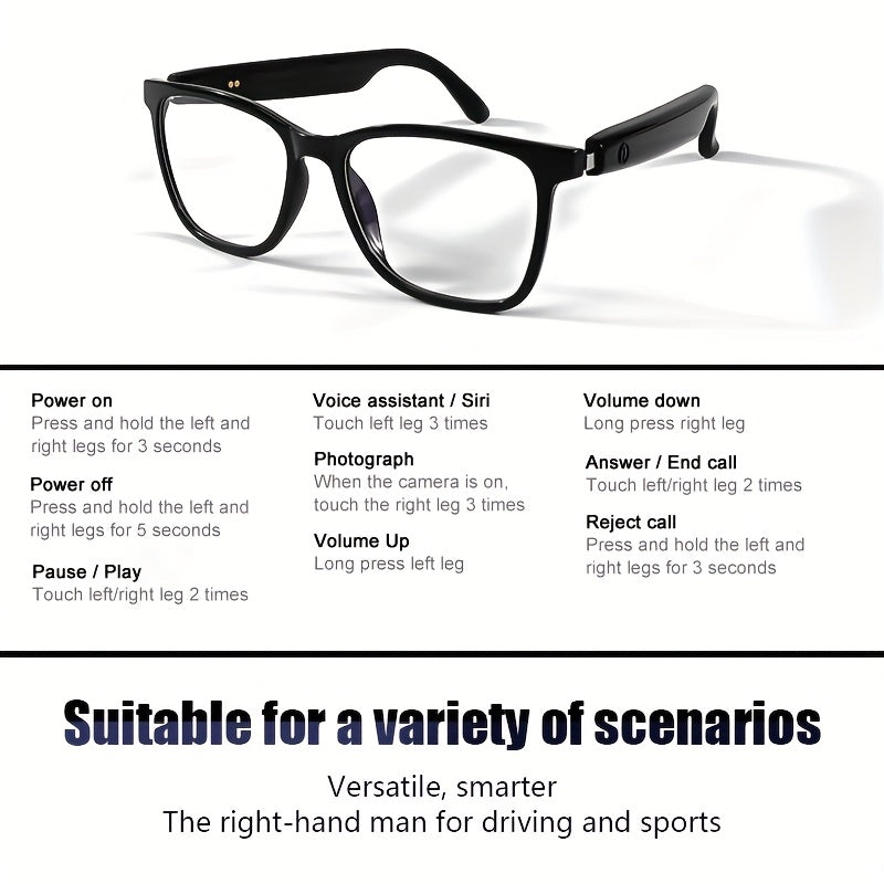 Koipsse Smart Glasses with Microphone, Fashionable And Versatile, Suitable for All Ages, Wireless Calls, Sports Fashion Glasses, Smart Glasses Suitable for Android Phones, High-value Gifts, Built-in Speakers, 2in 1, One-secon