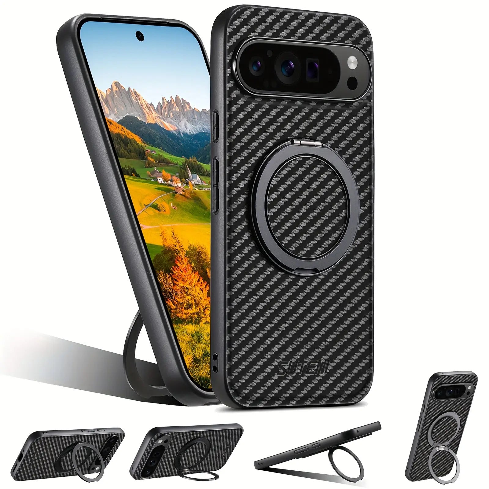 Luxurious Carbon Fiber Texture Design Faux Leather Phone Case, Suitable for Google Pixel 10 9 8 7 6 Pro XL, with 360 ° Rotating Folding Stand Compatible with Pixel 6A/7A/8a, Provides Shockproof and Drop-proof Protective Back