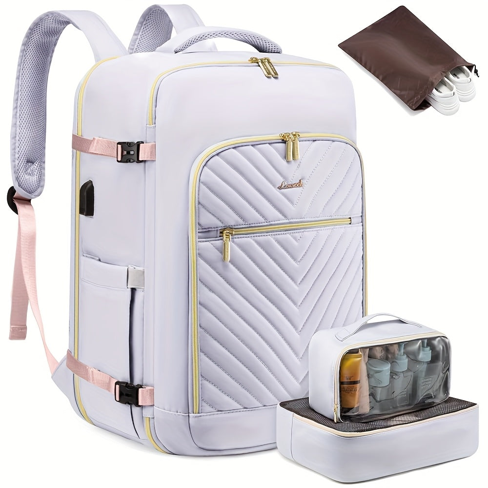 LOVE VOOK Women's Large Travel Backpack - Carry-On Flight Approved with Shoe Bag, 17" Laptop Compartment, 2 Storage Containers, TSA-Fit Durable Polyester, Adjustable Shoulder Straps & Golden Zipper Accents for Gym, Travel, Wo