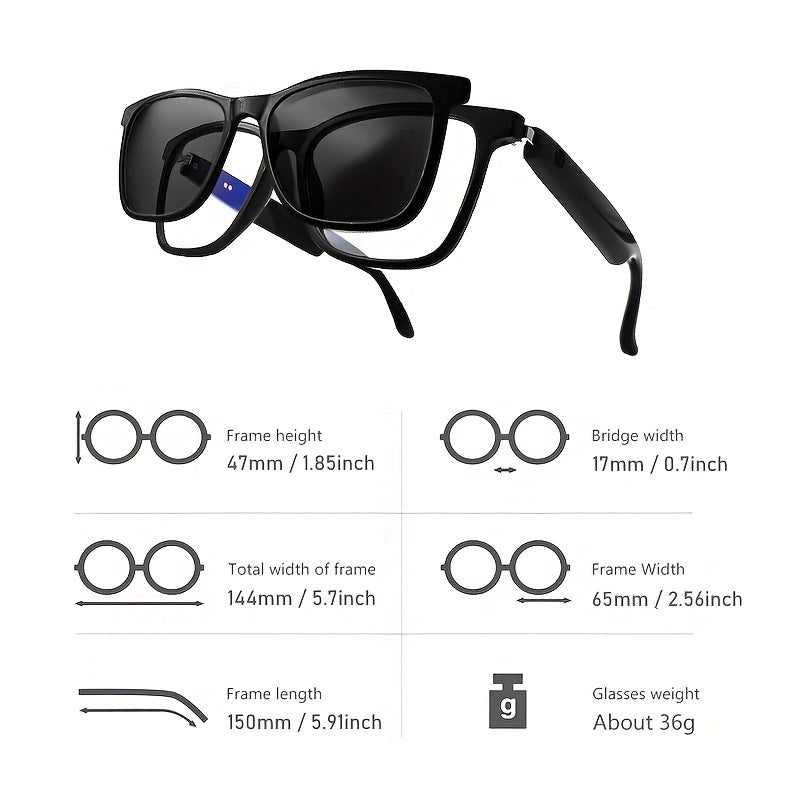Koipsse Smart Glasses with Microphone, Fashionable And Versatile, Suitable for All Ages, Wireless Calls, Sports Fashion Glasses, Smart Glasses Suitable for Android Phones, High-value Gifts, Built-in Speakers, 2in 1, One-secon